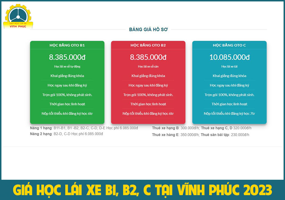 Bảng giá học lái xe ô tô B1, B2, C tại Vĩnh Phúc năm 2023